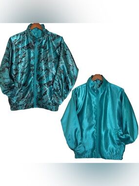 Rafael Satin Bomber Turquoise Jacket Women's Size XSmall Reversible Vtge